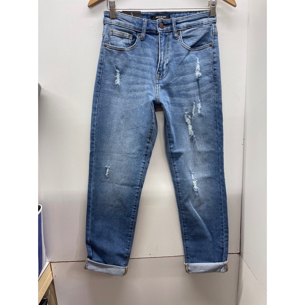 American Bazi High Rise Boyfriend Jeans Distressed Blue Denim Size S NWT